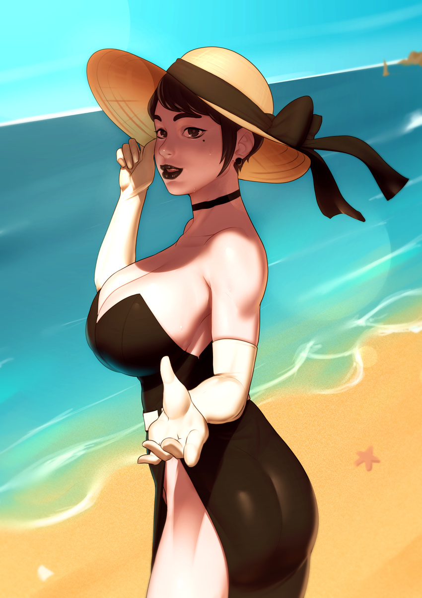 absurdres ass bad_id beach black_dress black_eyes black_hair black_lips borrowed_character breasts choker cleavage dress female hat highres john_doe_(jdart) large_breasts lips lipstick looking_at_viewer makeup miss_chance_(gastrictank) mole mole_under_eye no_bra no_panties original outdoors pale_skin short_hair side_slit solo strapless strapless_dress sun_hat twisted_torso water