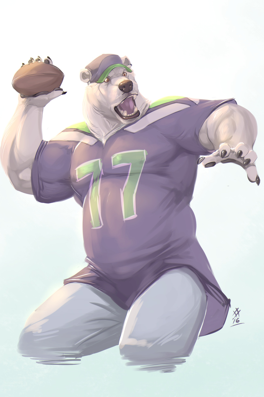 2016 2:3 5_fingers absurd_res action_pose anthro ball baseball_cap bear biped black_nose brown_eyes claws clothed clothing competition_number digital_media_(artwork) ear_piercing fingers fur gridiron_ball hat headgear headwear hi_res holding_ball holding_object jersey male mammal muscular muscular_anthro muscular_male nfl niveus number number_on_clothing number_on_jersey number_on_topwear number_print open_mouth pawpads piercing polar_bear pose print_clothing print_jersey print_topwear rrowdybeast seattle_seahawks simple_background solo teeth tongue topwear ursine white_background white_body white_fur