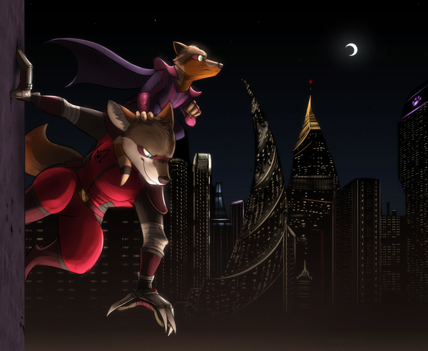 anthro bodysuit building canid canine canis cape city city_background cityscape claws clothing duo family fan_character female hero hi_res legend_of_ahya male male/female mammal max_thrash moon mother_(lore) mother_and_child_(lore) mother_and_son_(lore) murana_wolford_(darkflame-wolf) parent_(lore) parent_and_child_(lore) parent_and_son_(lore) procyonid raccoon skinsuit skyline skyscraper son_(lore) suit temiree tight_clothing wolf