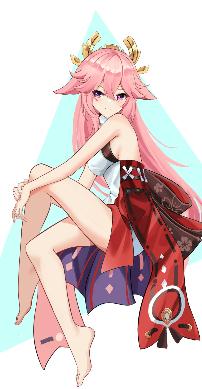 absurdres animal_ears backless_outfit bare_arms bare_legs bare_shoulders barefoot commentary czk female fox_ears genshin_impact hair_between_eyes highres invisible_chair long_hair looking_at_viewer pink_hair purple_eyes red_skirt shirt sitting skirt sleeveless sleeveless_shirt smile solo thighs very_long_hair white_background white_shirt yae_miko