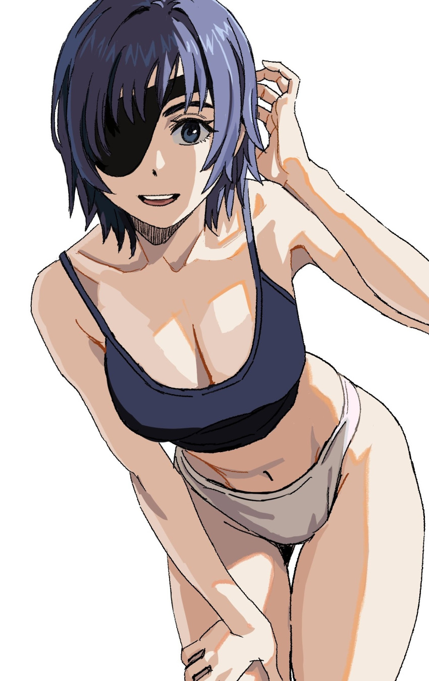 bad_id bad_pixiv_id black_bra black_hair bra breasts chainsaw_man cleavage collarbone english_commentary eyepatch female hand_on_own_thigh highres himeno_(chainsaw_man) large_breasts leaning_forward looking_at_viewer mismatched_underwear navel one_eye_covered panties shiren_(ourboy83) simple_background smile solo thigh_gap underwear underwear_only white_background white_panties