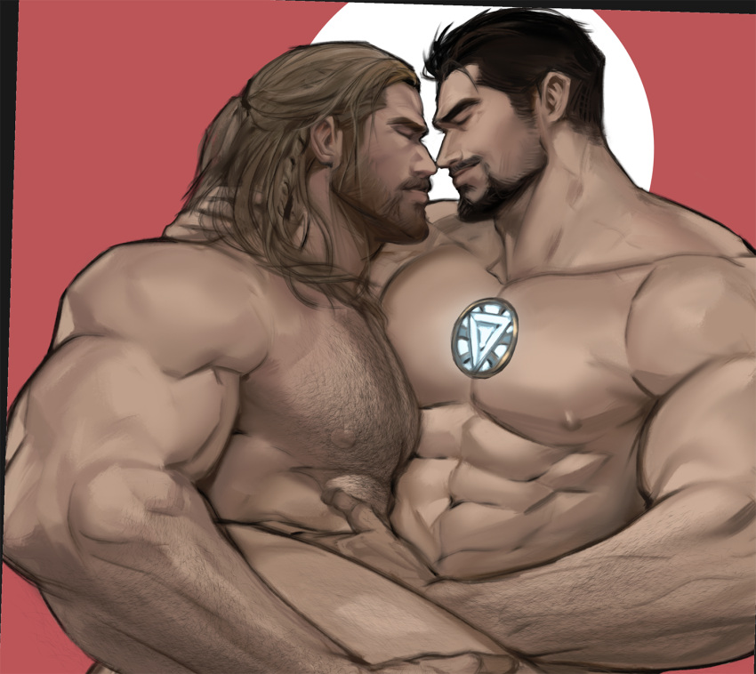 2boys abs arc_reactor arm_hair bara beard carrying carrying_person chest_hair completely_nude couple dopey_(dopq) facial_hair from_side hairy hand_on_another's_stomach happy_sex highres implied_anal implied_sex large_pectorals male_focus marvel mature_male medium_hair moustache multiple_boys muscular muscular_male nipples nude out-of-frame_censoring pectoral_docking pectoral_press pectorals short_hair sideburns smile stomach stubble thick_eyebrows thor_(marvel) tony_stark upper_body yaoi