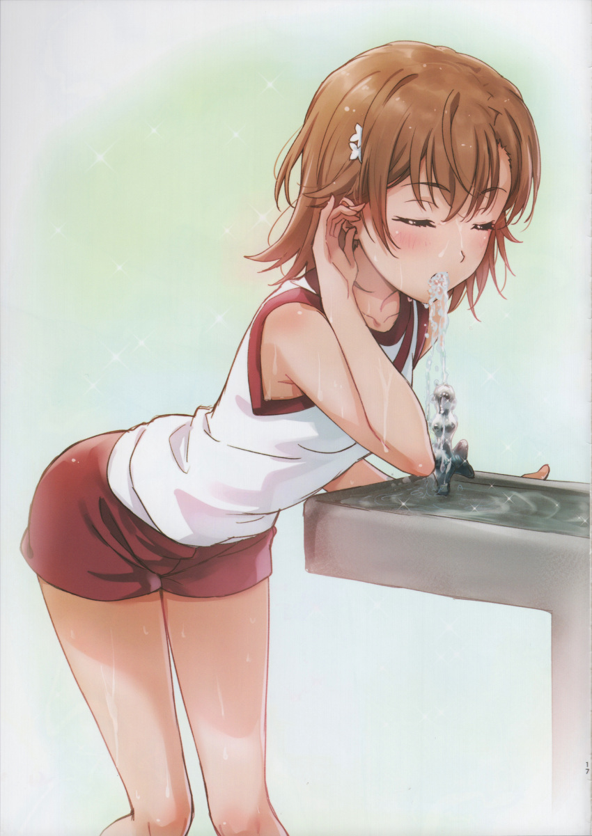 absurdres bent_over breasts brown_hair closed_eyes drinking drinking_fountain female gym_uniform hair_ornament highres isshi_pyuma misaka_mikoto paint.net_(medium) red_shorts scan shirt short_hair short_shorts shorts sleeveless sleeveless_shirt small_breasts solo sweat toaru_kagaku_no_railgun toaru_majutsu_no_index tucking_hair wet