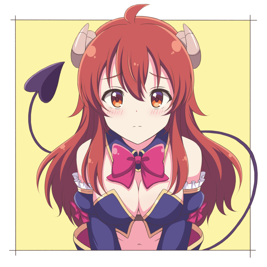 ahoge bad_id bad_pixiv_id bare_shoulders blush border bow bowtie breasts brown_eyes brown_hair cleavage closed_mouth crisis_management_form_(machimazo) demon_girl demon_horns demon_tail female frills highres horns large_breasts long_hair looking_at_viewer machikado_mazoku navel pink_bow pink_bowtie simple_background solo tail white_border yellow_background yoshida_yuuko_(machikado_mazoku) zeta_(24904340)