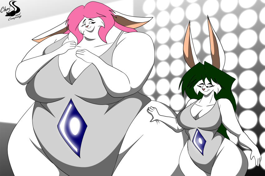 3:2 anthro big_breasts breasts chrisandcompany cleavage clothed clothing curvy_figure duo female hair hi_res lagomorph leotard leporid mammal overweight overweight_anthro overweight_female rabbit size_difference voluptuous