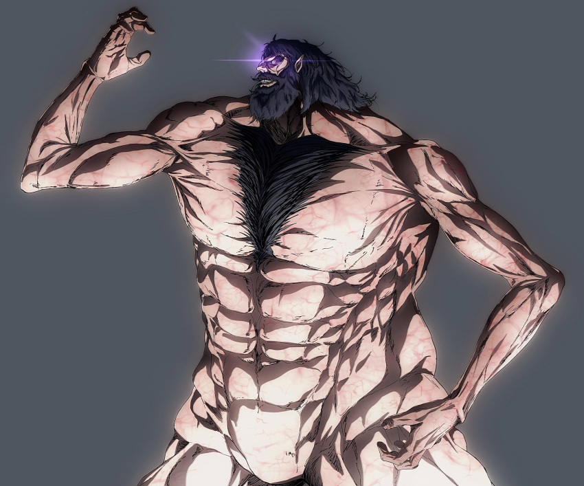 1boy abs absurdres bad_id bad_twitter_id beard black_hair chest_hair daisx_(dais0115) facial_hair giant giant_male glowing glowing_eyes grisha_yeager highres large_pectorals long_hair male_focus monster official_style pectorals pointy_ears purple_eyes rogue_titan shingeki_no_kyojin solo spoilers titan_(shingeki_no_kyojin)