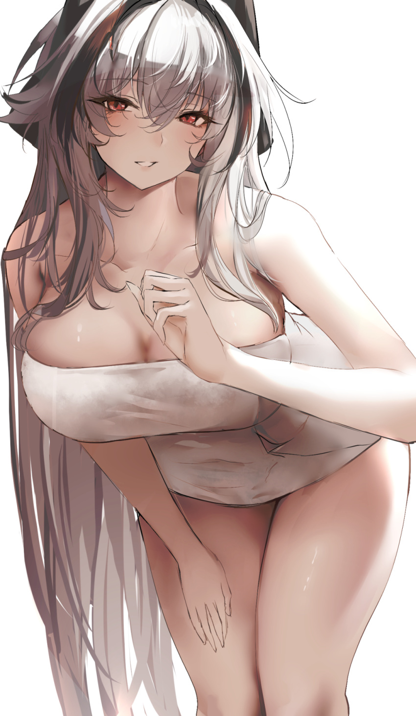 azur_lane bare_shoulders black_hair blush breasts cleavage commentary english_commentary female grey_hair hand_up highres kursk_(azur_lane) kursk_(lone_wolf_amid_the_steam)_(azur_lane) large_breasts liaowen long_hair looking_at_viewer multicolored_hair naked_towel official_alternate_costume parted_lips red_eyes simple_background smile solo streaked_hair thighs towel white_background