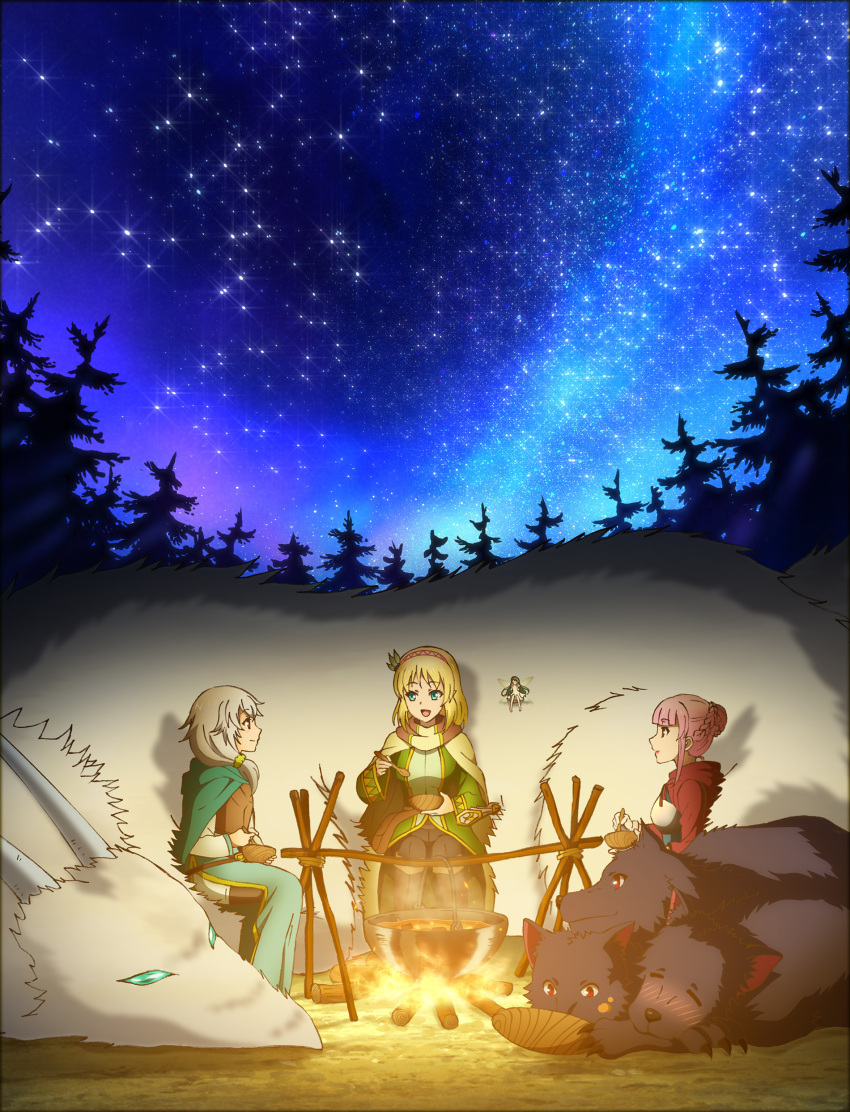 3girls absurdres blonde_hair blush braid campfire camping cayna_(leadale_no_daichi_nite) cerberus closed_eyes cooking cooking_pot creature eating fairy fairy_wings food grey_hair hairband highres key_visual leadale_no_daichi_nite long_hair lonti_arbalest_(leadale_no_daichi_nite) looking_at_another multiple_girls myleene_(leadale_no_daichi_nite) night night_sky official_art pink_hair ponytail promotional_art red_eyes scrunchie short_hair sidelocks sky star_(sky) starry_sky stew tree wings wooden_bowl wooden_spoon