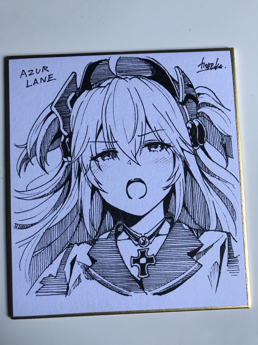 :o admiral_hipper_(azur_lane) azur_lane blush choker collarbone commentary copyright_name cropped_torso cross female hair_between_eyes half-closed_eyes hatching_(texture) headgear highres horosuke iron_cross linear_hatching long_hair looking_at_viewer monochrome open_mouth photo_(medium) portrait shikishi signature solo split_mouth traditional_media tsundere two_side_up v-shaped_eyebrows white_background