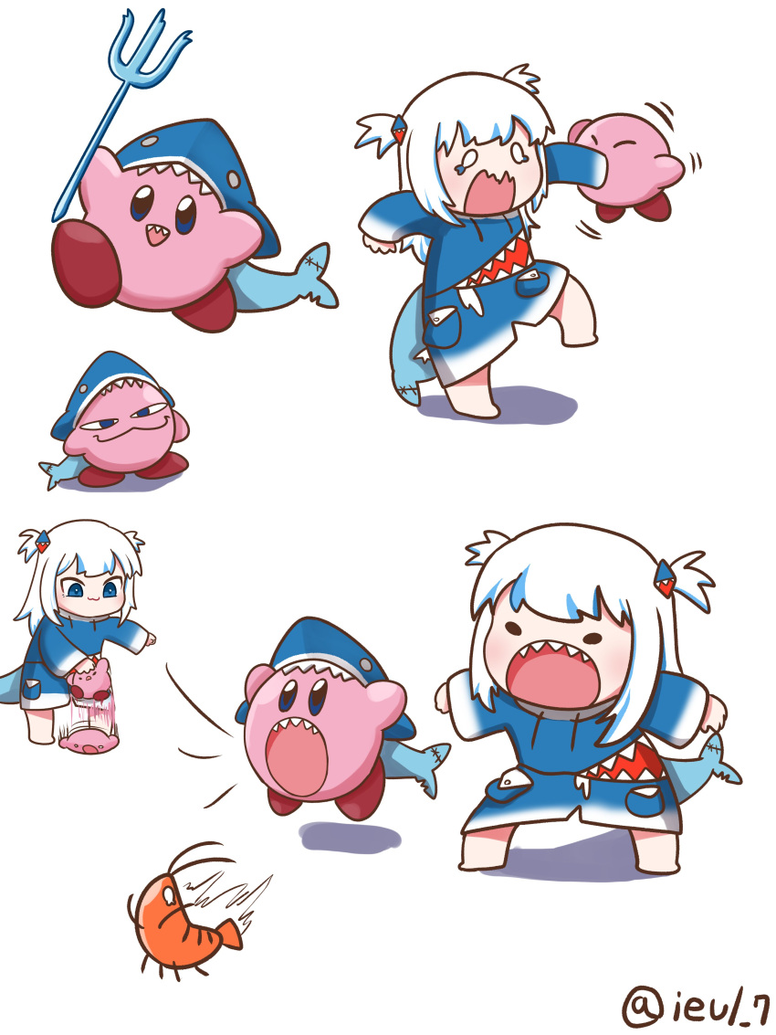 absurdres biting blue_eyes blue_hair blunt_bangs commentary dribbling_(basketball) ebi-chan_(gawr_gura) eiul female fins fish_tail gawr_gura gawr_gura_(1st_costume) grey_hair hair_ornament highres hololive hololive_english hood hoodie kirby kirby_(series) kirby_and_the_forgotten_land long_hair multicolored_hair multiple_views open_mouth polearm shark_girl shark_tail sharp_teeth shrimp smile streaked_hair tail teeth trident virtual_youtuber weapon