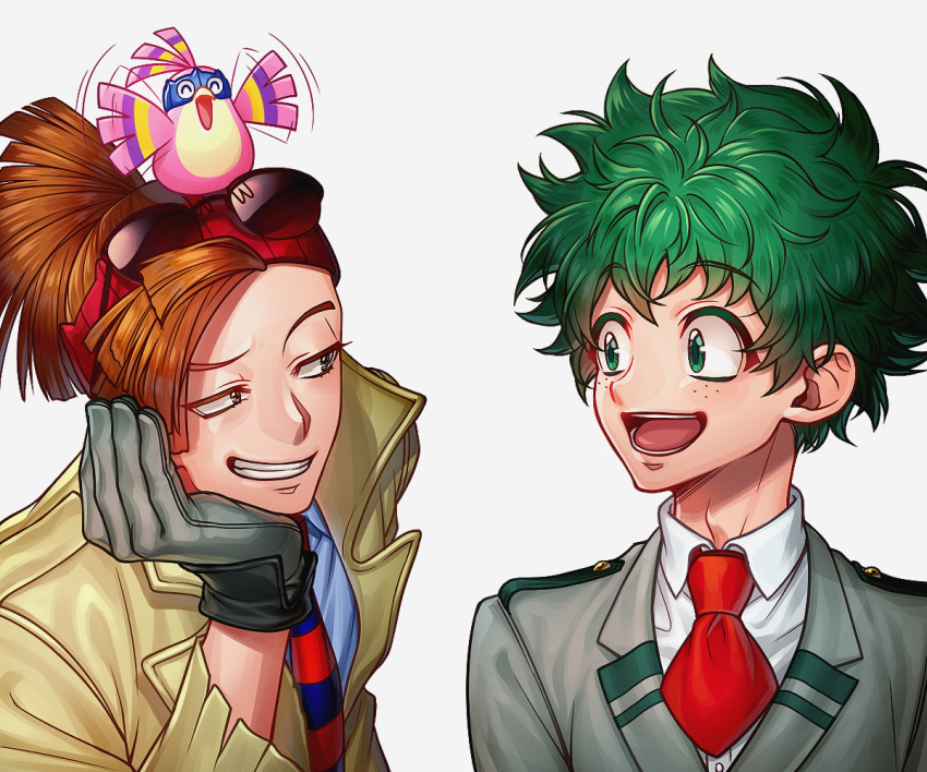 2boys :d black_gloves blue_neckwear boku_no_hero_academia brown_jacket collared_shirt commentary_request eyemask_u_u eyewear_on_head freckles gloves green_eyes green_hair grey_jacket grey_shirt grin head_rest jacket looking_at_another male_focus medium_hair messy_hair midoriya_izuku multiple_boys necktie open_mouth pino_(boku_no_hero_academia) red_hair red_necktie rody_soul school_uniform shirt short_hair short_necktie simple_background smile striped striped_necktie sunglasses teeth twitter_username u.a._school_uniform white_background white_shirt