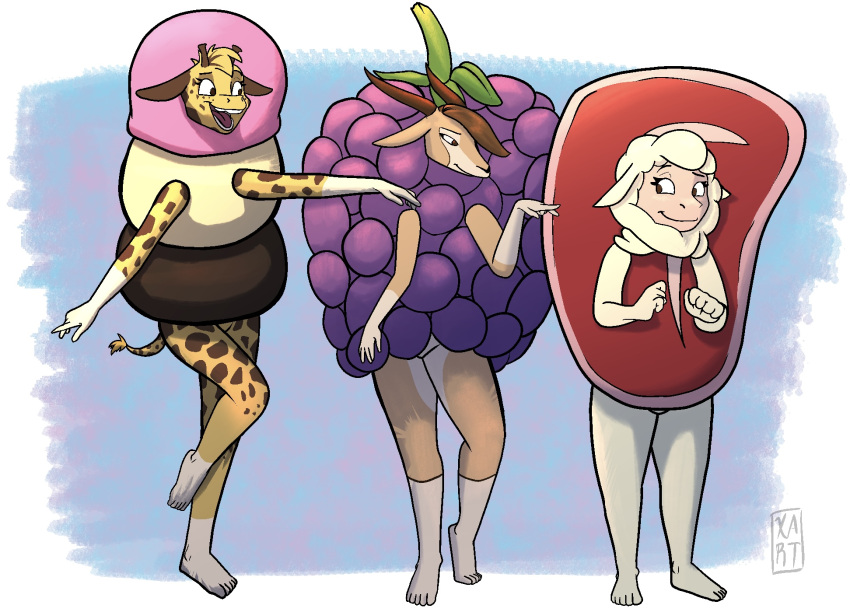 anthro beef bovid caprine clothing costume cream_(food) deer dessert female food food_costume fruit giraffe giraffid group hi_res ice ice_cream ice_cream_costume mammal meat plant raspberry raspberry_costume sheep steak steak_costume trio xolart