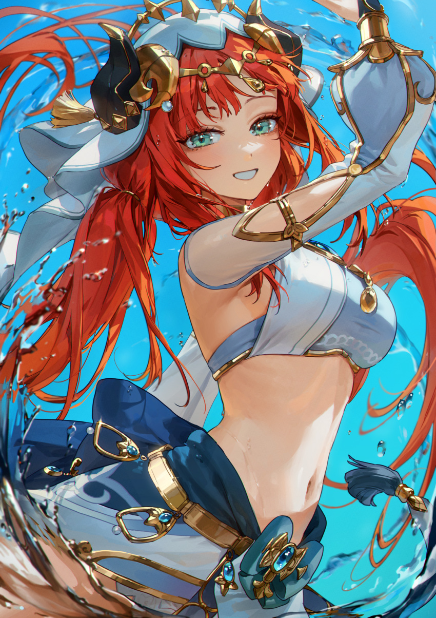 aqua_eyes arm_up armpits blue_background breasts clothing_cutout dancer detached_sleeves fake_horns female genshin_impact harem_outfit highres horns long_hair looking_at_viewer low_twintails medium_breasts navel nilou_(genshin_impact) parted_lips red_hair smile solo twintails upper_body veil vision_(genshin_impact) water water_drop ye_jji