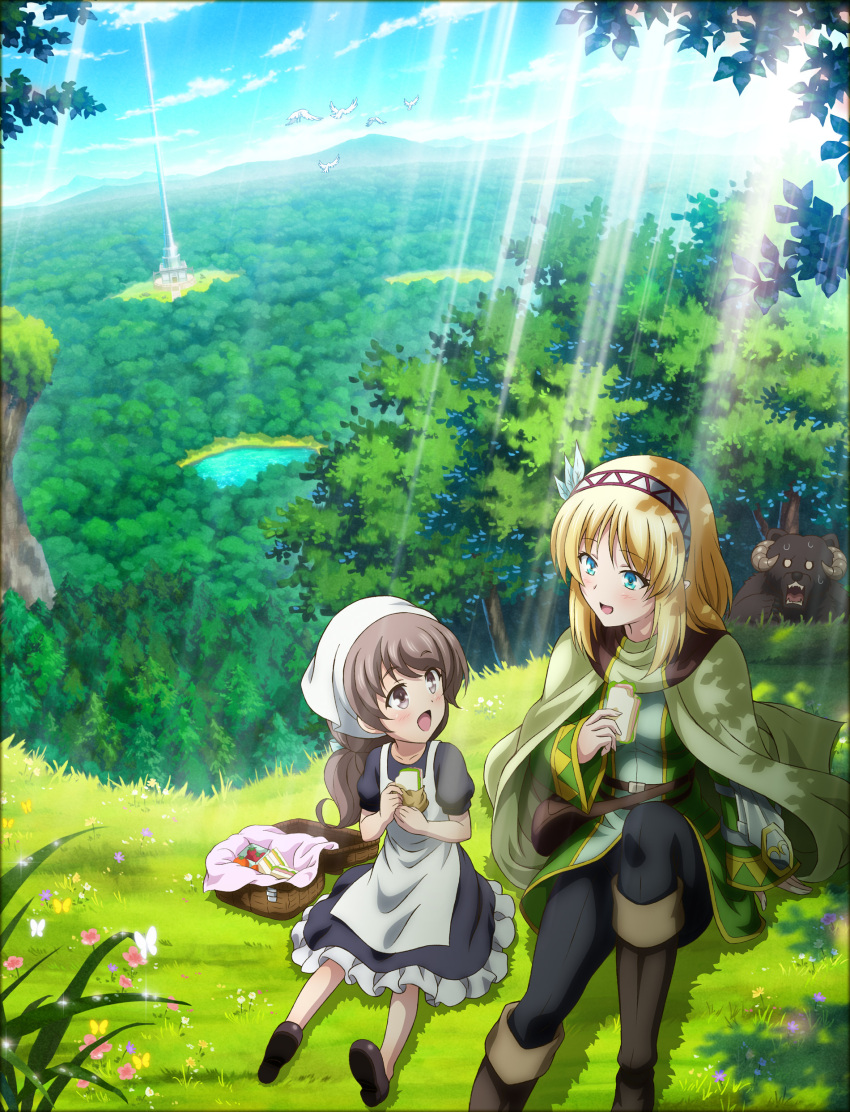 2girls absurdres basket bear bird blonde_hair blue_eyes blush breasts brown_eyes brown_hair bug butterfly cape cayna_(leadale_no_daichi_nite) cloud collarbone dappled_sunlight eating flower food forest grass hairband highres horns key_visual lake leadale_no_daichi_nite long_hair looking_at_another lytt_(leadale_no_daichi_nite) medium_breasts mountainous_horizon multiple_girls nature nervous_sweating official_art on_ground open_mouth promotional_art sandwich shade shadow short_hair sitting sunlight sweat tower tree