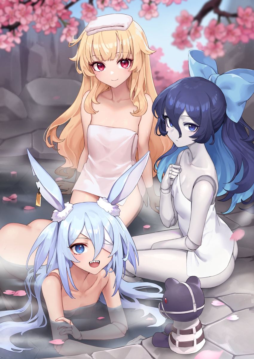 3girls absurdres animal_ears ass bandage_over_one_eye bare_legs bare_shoulders bent_over between_legs blonde_hair blue_bow blue_eyes blue_hair blush bow breasts butt_crack cherry_blossoms commentary completely_nude curly_hair day earrings english_commentary expressionless from_above from_side hair_between_eyes hairbow hand_between_legs highres jewelry little_witch_nobeta long_hair looking_at_viewer looking_to_the_side looking_up lying monica_(little_witch_nobeta) multiple_girls naked_towel nobeta nude official_art on_stomach onsen oopartz_yang outdoors pale_skin partially_submerged rabbit_ears red_eyes same-sex_bathing shared_bathing sharp_teeth single_earring small_breasts smile stuffed_animal stuffed_toy tania_(little_witch_nobeta) teddy_bear teeth towel towel_on_head upper_teeth_only very_long_hair wading