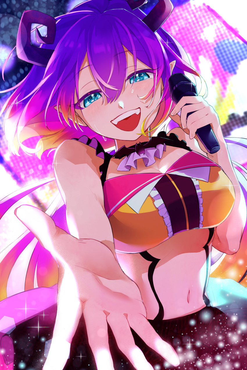 :d absurdres black_skirt blue_eyes breasts commentary_request crocell_keroli curled_horns demon_girl female hair_between_eyes highres horns idol large_breasts mairimashita!_iruma-kun midriff navel outstretched_hand pointy_ears purple_hair short_hair skirt smile solo sumashiri wig