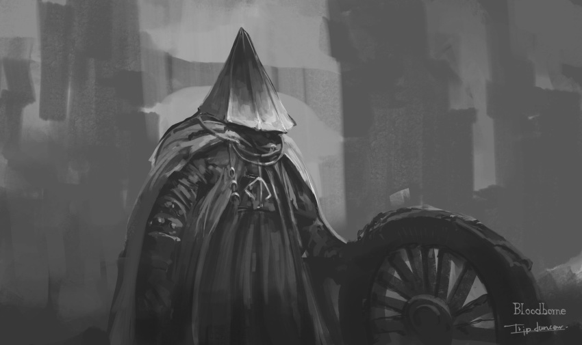 1boy alfred_(bloodborne) artist_name bloodborne cape cloak copyright_name grey_background greyscale helm helmet highres holding holding_weapon logarius_wheel male_focus monochrome outdoors solo standing tripdancer weapon wheel