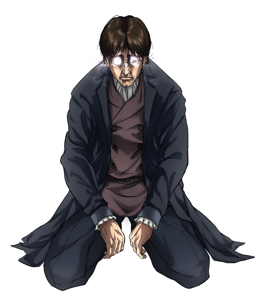 1boy bad_id bad_twitter_id black_pants brown_hair coat daisx_(dais0115) facial_hair full_body glasses goatee grisha_yeager highres kneeling male_focus official_style open_clothes open_coat pants round_eyewear sad shingeki_no_kyojin solo white_background