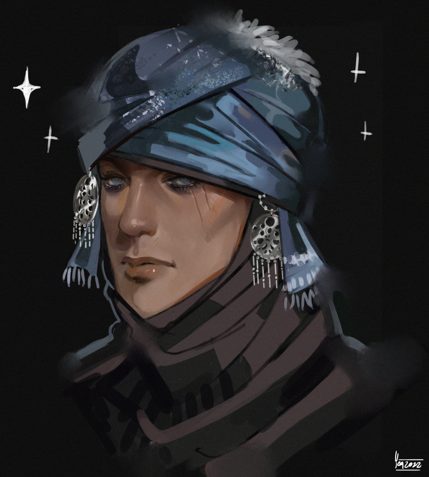 1boy absurdres blue_eyes closed_mouth elden_ring highres looking_at_viewer male_focus portrait scar scar_across_eye signature solo sparkle tarnished_(elden_ring) turban warrior_(elden_ring) yen_(yenyenyen19)