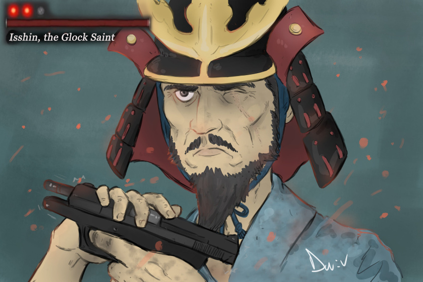 1boy absurdres armor ashina_isshin beard black_eyes black_hair blue_background closed_mouth duvaman embers facial_hair finger_on_trigger fingernails frown gameplay_mechanics glock gun handgun health_bar helmet highres holding holding_gun holding_weapon japanese_armor japanese_clothes kabuto_(helmet) male_focus moustache one_eye_closed parody samurai scar scar_across_eye scar_on_face sekiro:_shadows_die_twice signature solo spoilers sword_saint_isshin weapon