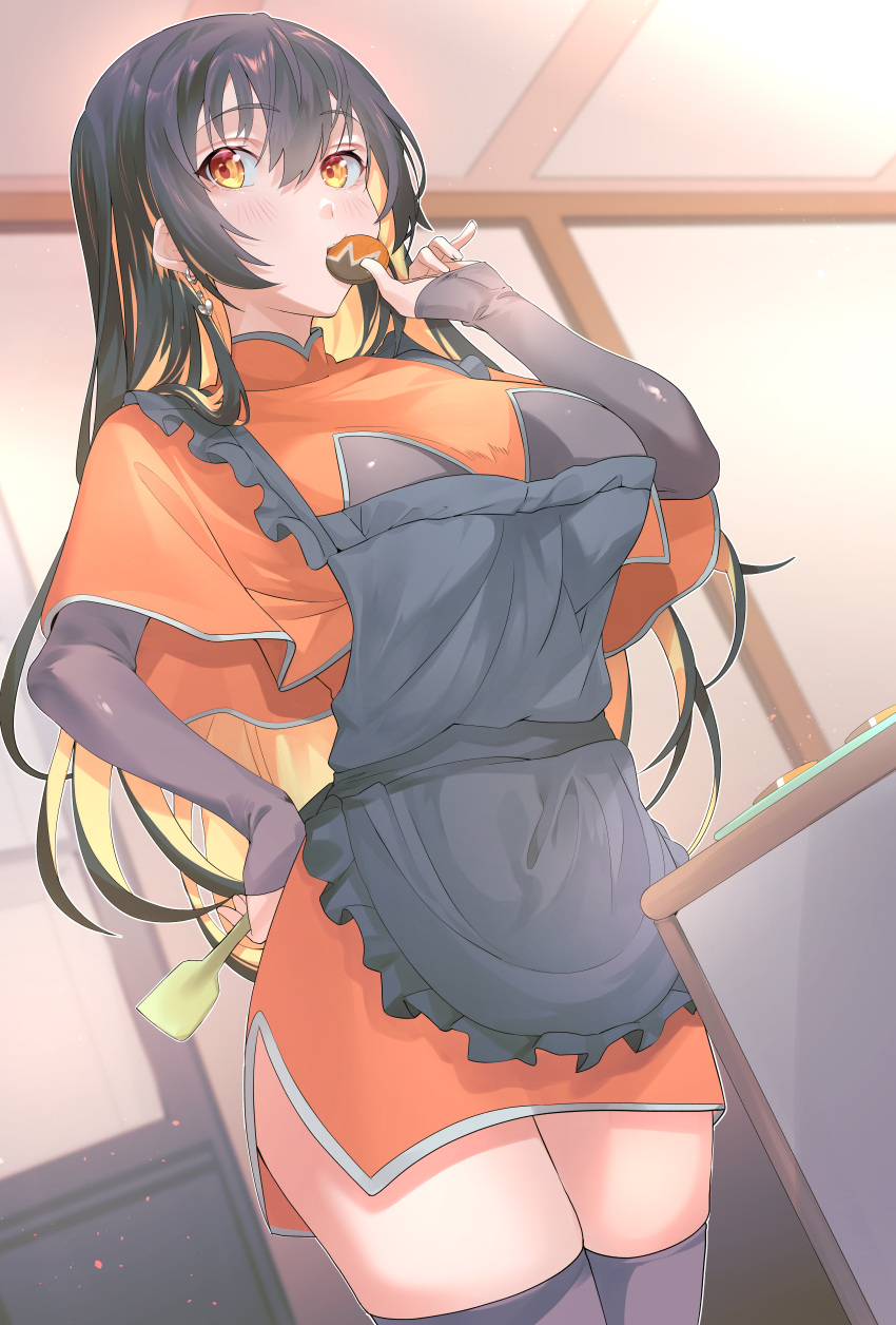 absurdres apron black_apron black_hair black_thighhighs breasts capelet cookie cowboy_shot cryptocurrency dutch_angle earrings eating female food highres holding indoors jewelry long_hair monero monero-chan multicolored_hair orange_capelet orange_eyes orange_hair orange_skirt pencil_skirt second-party_source sharekoube side_slit skirt solo spatula table thighhighs two-tone_hair