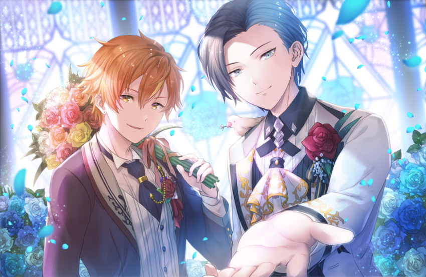 2boys animal_on_shoulder aoyagi_touya ascot bird bird_on_shoulder blue_flower blue_hair blue_rose boutonniere commentary earrings flower formal hand_up jewelry junpaku_no_anata_e_chikai_no_uta_wo!_(project_sekai) lapels looking_at_viewer male_focus multicolored_hair multiple_boys necktie official_alternate_costume offtoon12 open_mouth orange_hair peaked_lapels project_sekai rose shawl_lapels shinonome_akito short_hair smile split-color_hair suit white_ascot