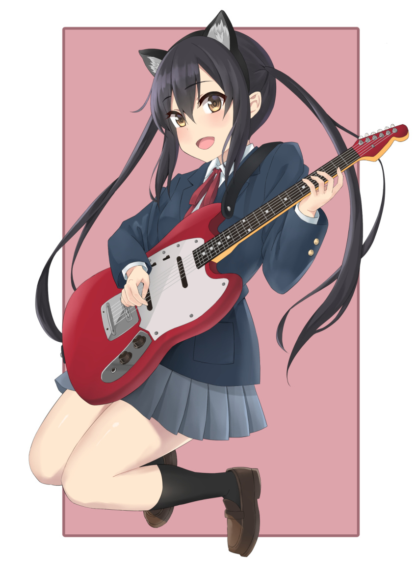 :o animal_ears black_hair black_socks blazer brown_eyes brown_footwear cat_ears electric_guitar fake_animal_ears female fender_mustang full_body grey_skirt guitar highres instrument jacket k-on! music nakano_azusa playing_instrument sakuragaoka_high_school_uniform school_uniform sidelocks skirt socks solo sozoremi twintails winter_uniform