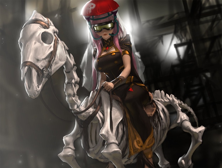 beer_hat blunt_bangs breasts cleavage female goggles holding hololive hololive_english horse horseback_riding infi light_rays long_hair looking_at_viewer mori_calliope mori_calliope_(1st_costume) pink_hair riding skeleton_horse solo spikes virtual_youtuber