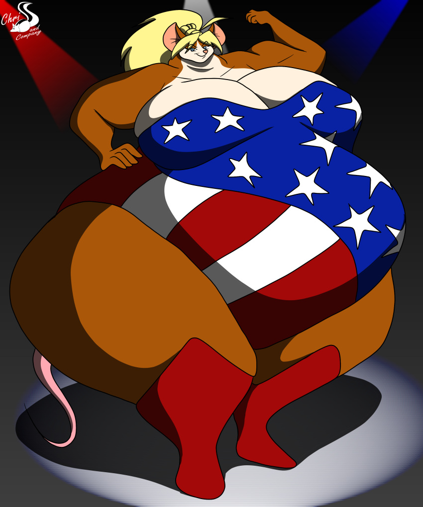 5:6 absurd_res american_flag anthro artist_logo blonde_hair blue_eyes breasts brown_body chrisandcompany cleavage clothed clothing digital_media_(artwork) female flexing footwear full-length_portrait hair hi_res huge_thighs leotard logo mammal mouse multicolored_body murid murine overweight overweight_anthro overweight_female pink_nose pink_tail portrait red_clothing red_footwear rodent signature solo standing tail thick_thighs two_tone_body united_states_of_america white_body wide_hips