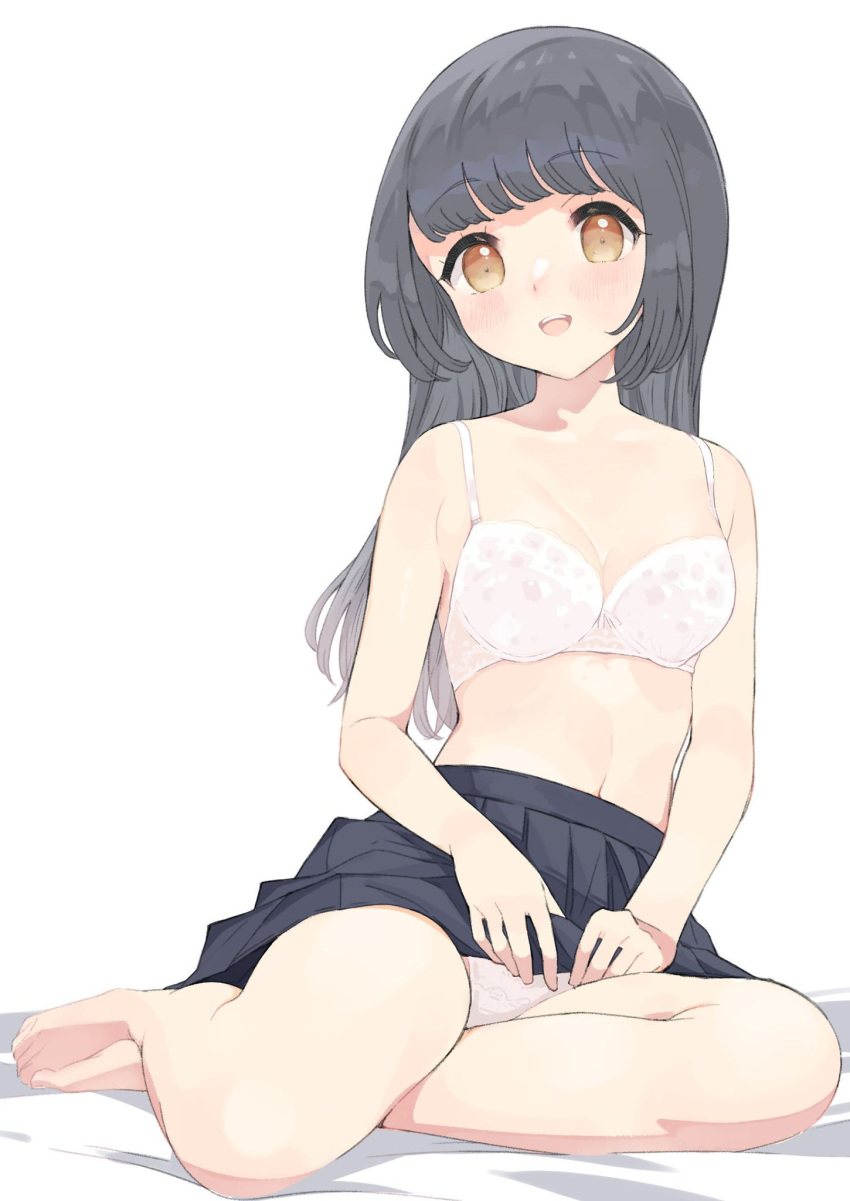 barefoot black_hair black_skirt bra breasts brown_eyes cleavage clothes_lift feet female flashing highres hyakumangoku_masurao lifting_own_clothes long_hair no_shirt open_mouth original panties pantyshot pleated_skirt simple_background sitting skirt skirt_lift smile solo thighs toes underwear upskirt white_background white_bra white_panties