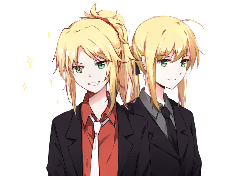 2girls ahoge artoria_pendragon_(fate) black_jacket black_necktie black_ribbon blonde_hair commentary fate/apocrypha fate/zero fate_(series) formal gemi_25 green_eyes grey_shirt highres jacket long_hair mordred_(fate) mordred_(fate/apocrypha) mother_and_daughter multiple_girls necktie ponytail red_scrunchie red_shirt ribbon saber_(fate) scrunchie shirt smile sparkle suit symbol-only_commentary upper_body white_background white_necktie