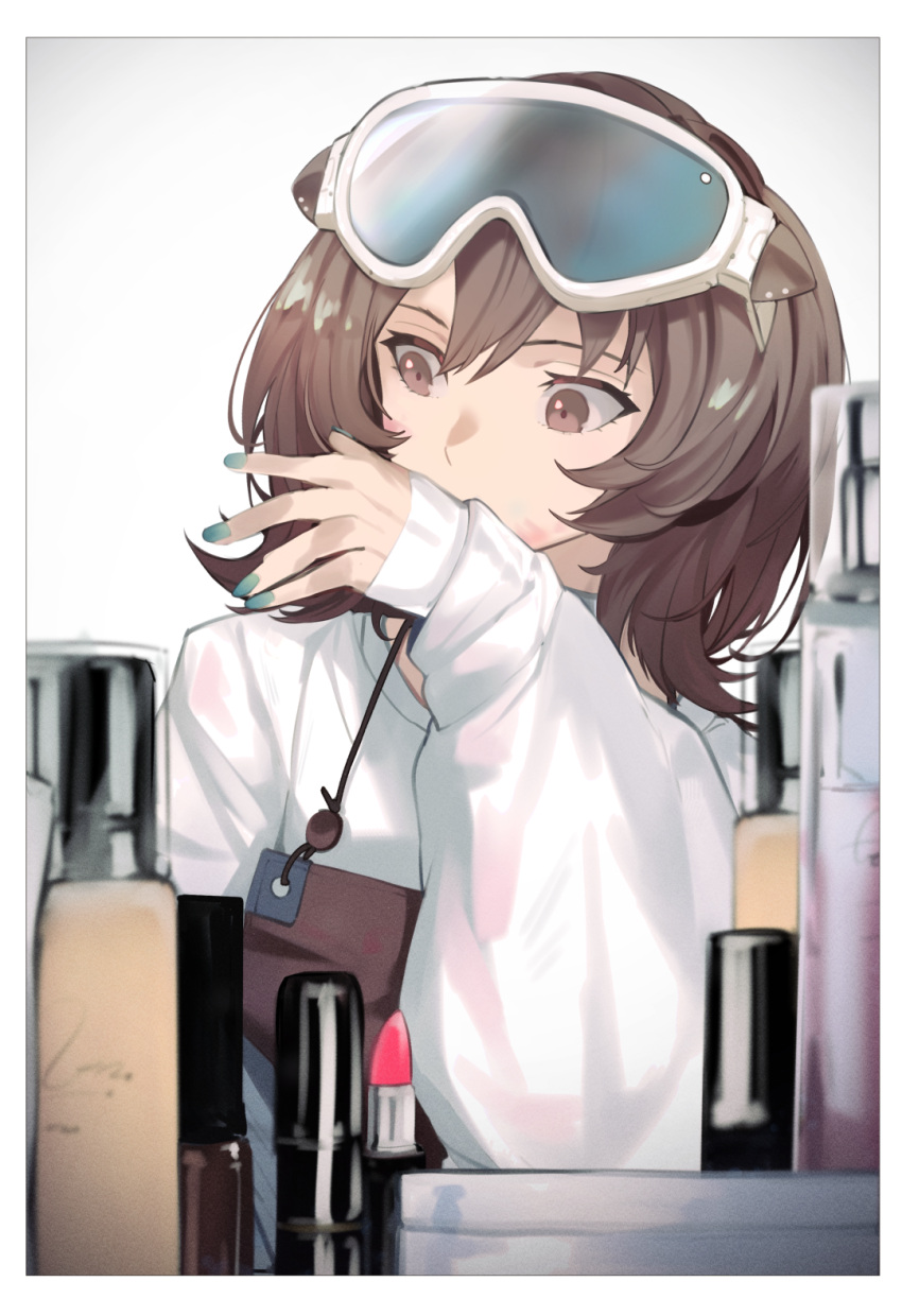 apron arknights blue_nails blurry blurry_foreground blush border bottle brown_eyes brown_hair cosmetics female goggles goggles_on_head gradient_background grey_background hand_up highres kamatpit lipstick lipstick_tube long_sleeves looking_to_the_side makeup medium_hair oversized_clothes perfume_bottle roberta_(arknights) sleeves_past_wrists solo sweater upper_body white_sweater