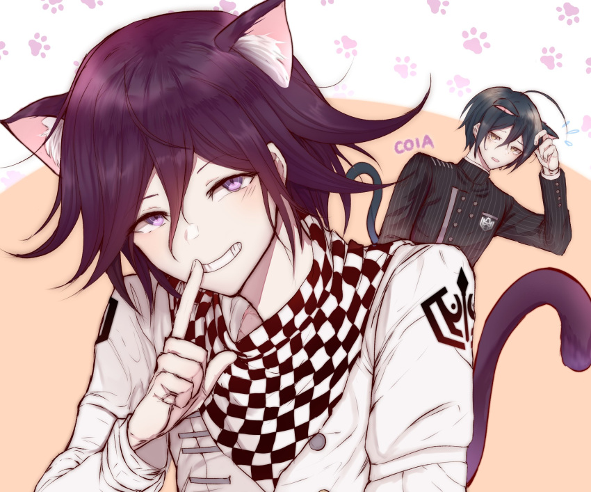 2boys ahoge animal_ears artist_name bangs black_hair black_jacket blush brown_background brown_eyes c01a_(cola) cat_boy cat_ears cat_tail checkered checkered_neckwear checkered_scarf commentary danganronpa_(series) danganronpa_v3:_killing_harmony english_commentary flying_sweatdrops grin hair_between_eyes hand_up highres index_finger_raised jacket kemonomimi_mode long_sleeves looking_at_viewer male_focus multiple_boys open_mouth ouma_kokichi paw_print_background purple_eyes saihara_shuuichi scarf short_hair smile solo_focus straitjacket striped_jacket tail upper_body white_jacket