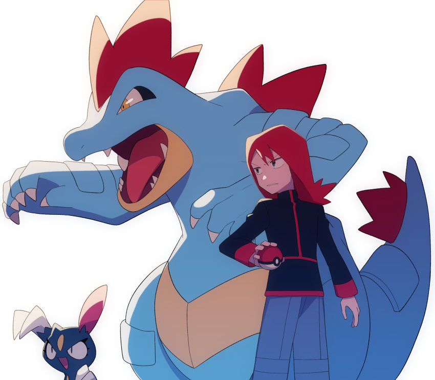 1boy black_eyes black_jacket blue_pants commentary feraligatr highres holding holding_poke_ball jacket long_hair long_sleeves looking_to_the_side male_focus pants parted_lips poke_ball poke_ball_(basic) pokemon pokemon_(creature) pokemon_gsc red_hair silver_(pokemon) simple_background sneasel standing turtleneck turtleneck_jacket tyako_089 white_background