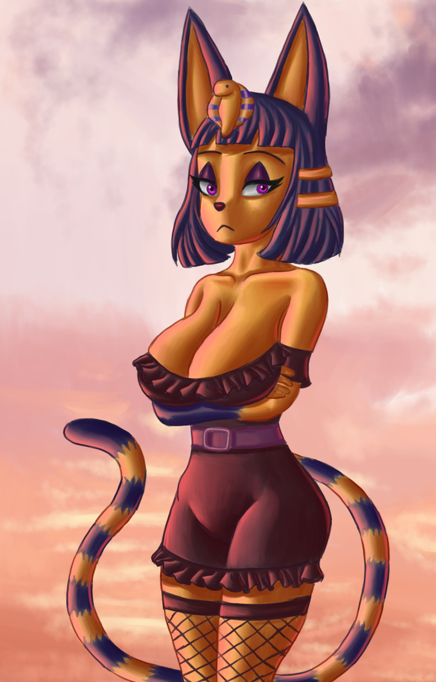 2022 absurd_res alternative_fashion animal_crossing ankha_(animal_crossing) anthro bare_shoulders big_breasts black_clothing black_dress blue_body blue_fur blue_hair breasts clothed clothing crossed_arms demongirl_demoness digital_drawing_(artwork) digital_media_(artwork) domestic_cat dress eyebrows felid feline felis female fishnet_clothing fishnet_legwear fur goth hair half-closed_eyes hi_res legwear looking_aside mammal multicolored_body multicolored_fur narrowed_eyes nintendo portrait purple_eyes shaded simple_background solo three-quarter_portrait two_tone_body two_tone_fur uraeus yellow_body yellow_fur