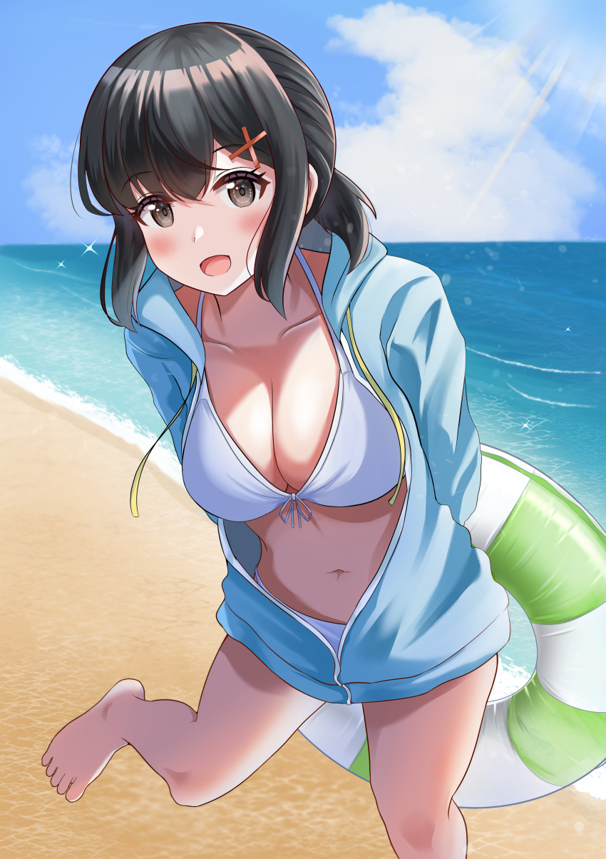 absurdres beach bikini black_eyes black_hair blue_jacket blue_sky breasts cleavage cloud collarbone commentary_request day drawstring feet_out_of_frame female front-tie_bikini_top front-tie_top hair_ornament highres hood hooded_jacket horizon innertube jacket k1kojima large_breasts low_ponytail ocean open_mouth original outdoors outside_border sky solo standing standing_on_one_leg swim_ring swimsuit white_bikini x_hair_ornament