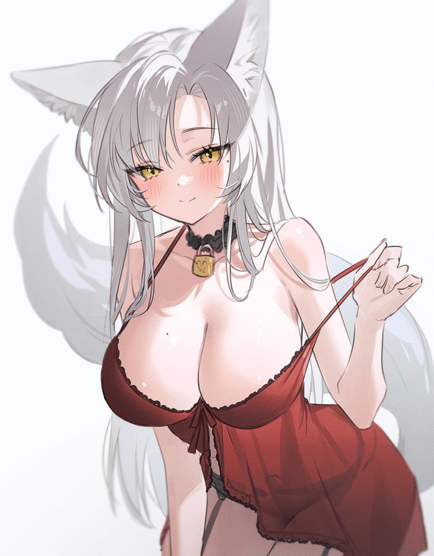 animal_ears babydoll bare_arms bare_shoulders black_panties breasts cleavage closed_mouth collarbone commission covered_navel eun_soyeon_(lustyfox) female fox_ears fox_girl fox_tail front-tie_top fymrie garter_belt highres large_breasts leaning_forward long_hair looking_at_viewer mole mole_on_breast mole_under_eye original panties parted_bangs pulling_own_clothes red_babydoll second-party_source simple_background smile solo spaghetti_strap strap_pull tail underwear underwear_only very_long_hair white_background white_hair yellow_eyes