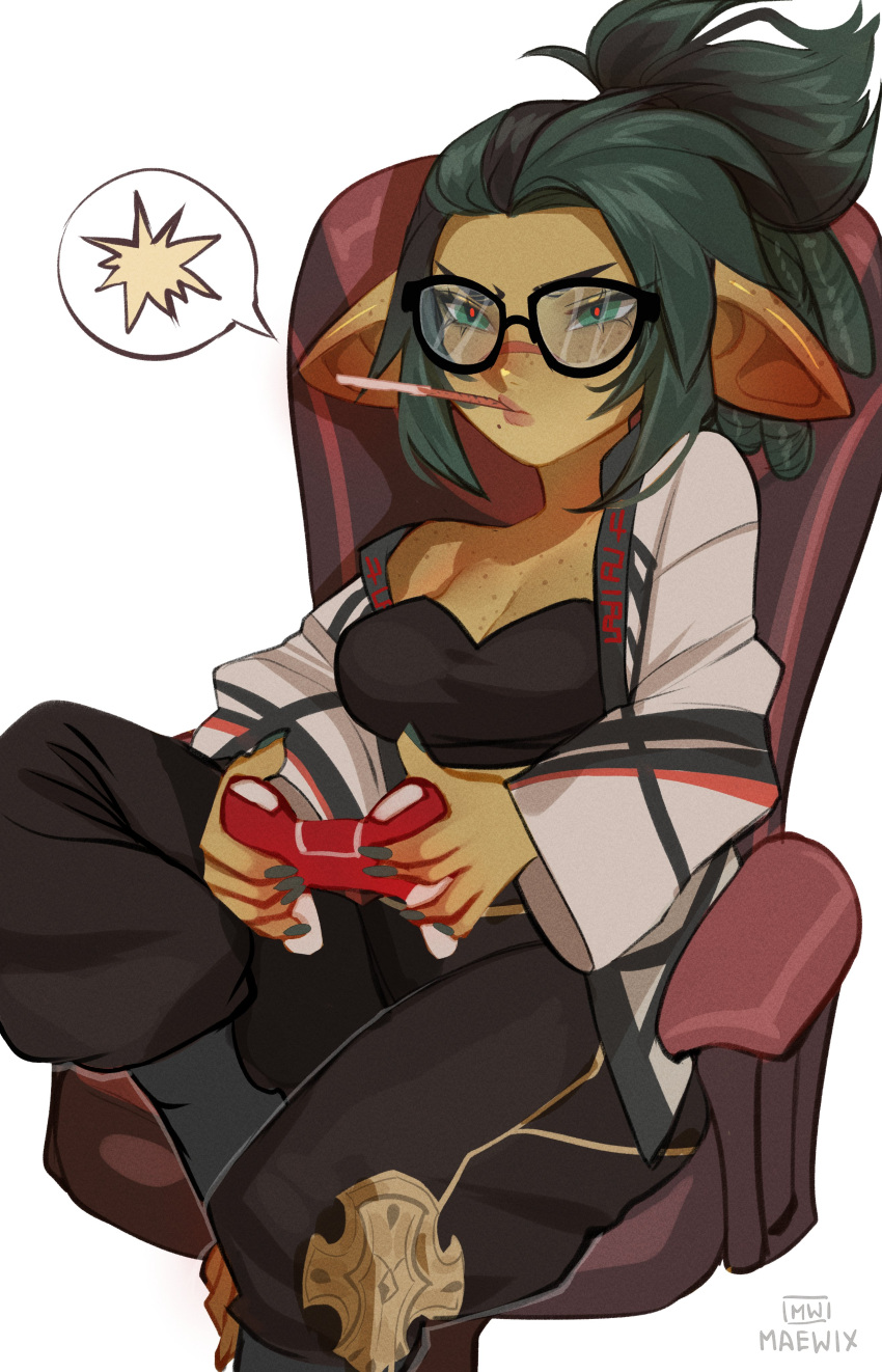 1girls absurd_res clothed clothing female female_only freckles game_controller gamer_girl gaming_chair glasses goblin goblin_female gobtober gobtober_2024 green_eyes green_hair green_skin maewix1 playing_videogame pocky_in_mouth pointy_ears sitting sitting_on_chair solo tied_hair white_background