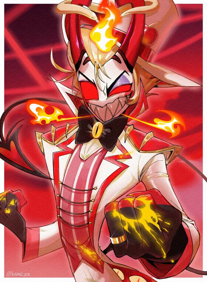 1boy apple artist_name black_bow black_bowtie blonde_hair blush_stickers border bow bowtie colored_sclera demon_boy food fruit gem grin hat hazbin_hotel highres horns jacket k4nczz lucifer_morningstar_(hazbin_hotel) open_clothes open_jacket pants red_background red_eyes red_horns red_sclera red_vest smile striped_clothes striped_vest teeth top_hat vest white_border white_hat white_jacket white_pants yellow_blood