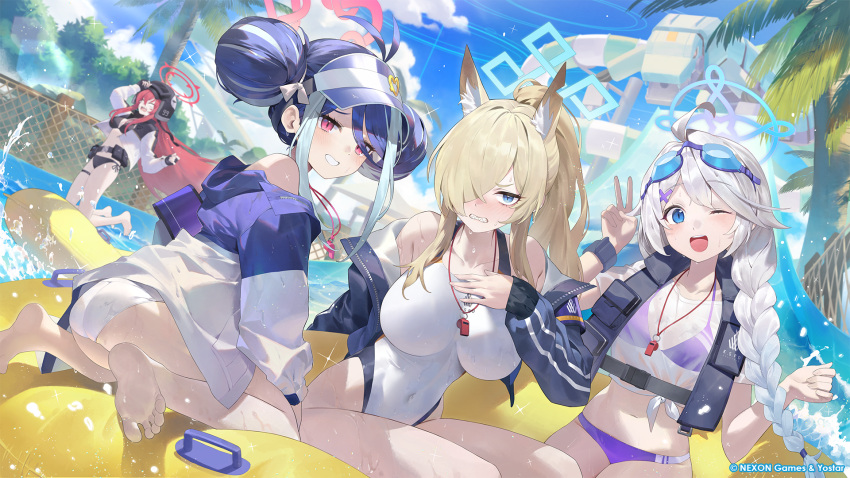 4girls ;d ahoge animal_ears antenna_hair bare_legs barefoot bikini black_bikini blonde_hair blue_archive blue_eyes blush braid breasts clenched_teeth cloud collarbone commentary_request covered_navel day dog_ears double_bun dutch_angle feet fubuki_(blue_archive) fubuki_(swimsuit)_(blue_archive) grey_hair grin hair_bun hair_ornament hair_over_one_eye halo helmet high_ponytail highres inflatable_raft jacket kanna_(blue_archive) kanna_(swimsuit)_(blue_archive) kirino_(blue_archive) kirino_(swimsuit)_(blue_archive) large_breasts long_hair looking_at_viewer multiple_girls navel official_alternate_costume official_alternate_hairstyle official_art one-piece_swimsuit one_eye_closed open_clothes open_jacket open_mouth outdoors ponytail pool purple_bikini rabu_(blue_archive) ramuri red_eyes red_hair see-through_clothes see-through_shirt shirt sidelocks single_braid sky smile soles swimsuit teeth tied_shirt toes tree v water water_slide wet wet_clothes wet_shirt whistle whistle_around_neck white_one-piece_swimsuit