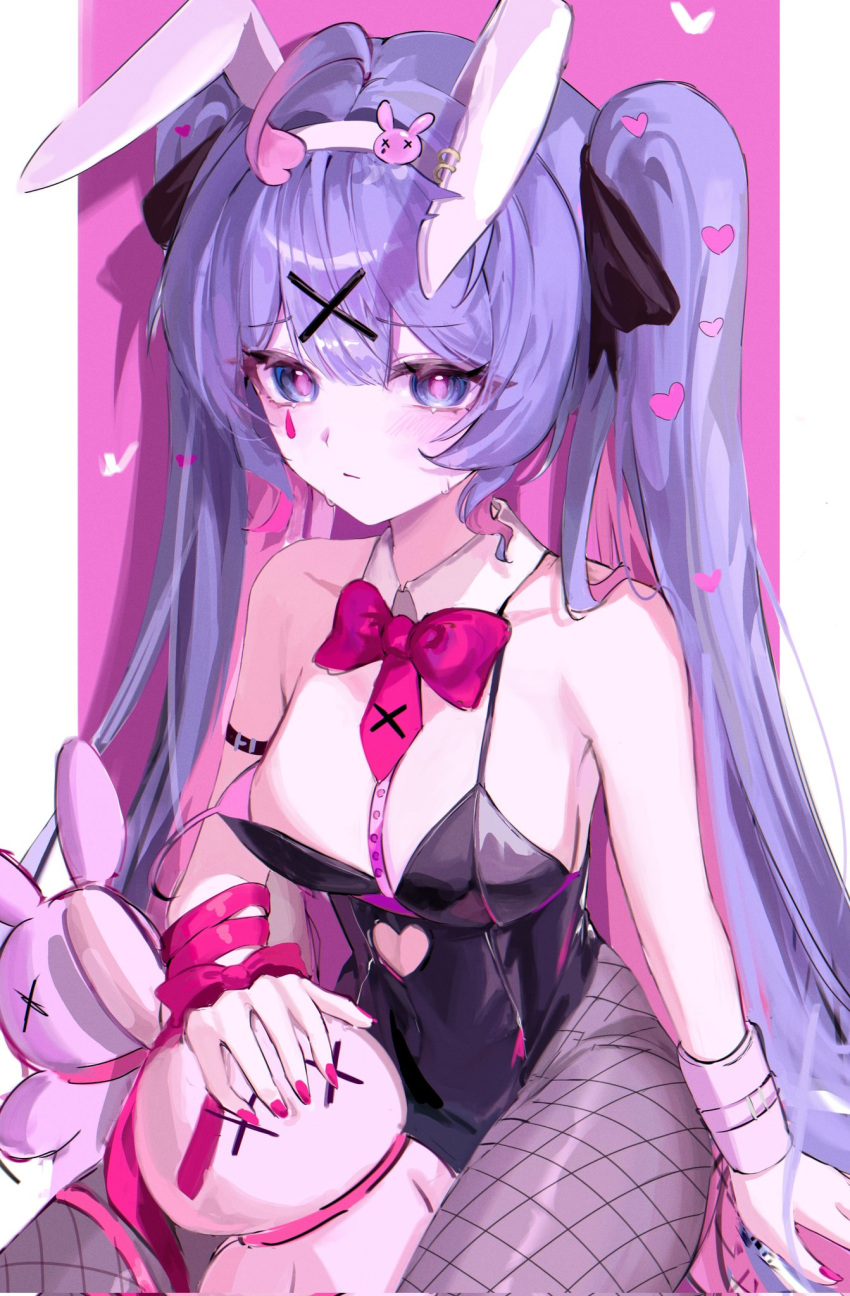 animal_ears arm_belt between_thighs black_leotard blue_eyes blue_hair bow bowtie clothing_cutout collar cutout_above_navel detached_collar fake_animal_ears female fishnets hair_ornament hatsune_miku heart heart_cutout highres leotard long_hair pink_bow pink_bowtie pink_nails pink_pupils playboy_bunny rabbit_hole_(vocaloid) s_im7u sitting solo stuffed_animal stuffed_rabbit stuffed_toy teardrop_facial_mark twintails two-tone_background white_collar x_hair_ornament