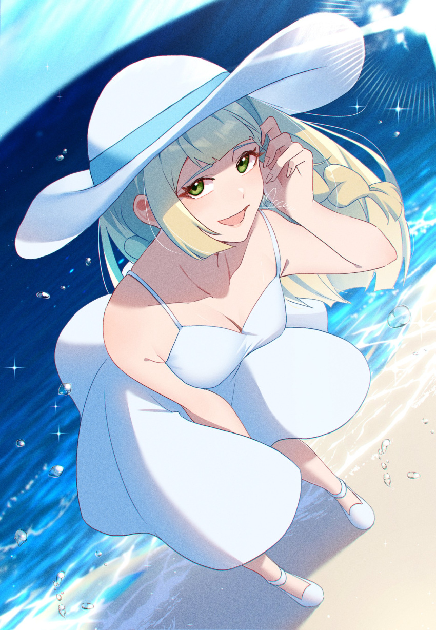 :d absurdres blonde_hair breasts cleavage commentary_request day dress female green_eyes hand_up happy hat highres lillie_(pokemon) long_hair mocacoffee_1001 open_mouth outdoors pokemon pokemon_sm sand shoes shore signature sky sleeveless sleeveless_dress smile solo sparkle standing sun_hat water white_dress white_footwear white_hat