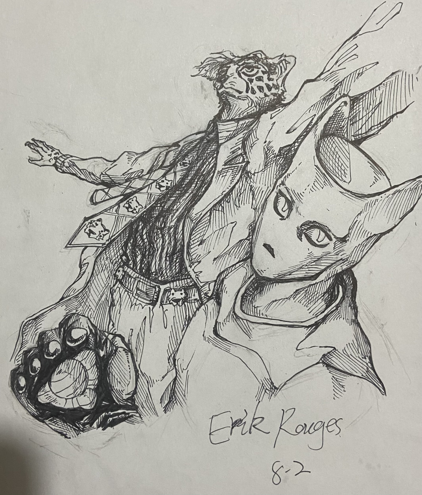 absurd_res animal_humanoid cheetah clothed clothing erik_rouges_(artist) felid feline feral guide_lines hi_res humanoid intersex intersex/intersex jojo's_bizarre_adventure line_art male mammal necktie pose solo suit traditional_media_(artwork) yoshikage_kira