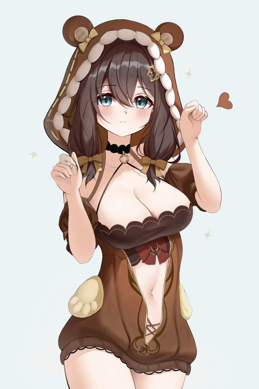 absurdres animal_ears animal_hood bare_shoulders bear_ears bear_hair_ornament bear_hood bear_pajamas black_choker blush bow breasts brown_hair choker cleavage detached_sleeves female hair_ornament halterneck highres hood indoors knosdeba large_breasts long_hair looking_at_viewer low_twintails navel o-ring o-ring_choker open_pajamas pajamas pillow self-upload sitting solo strinova stuffed_animal stuffed_toy teddy_bear twintails yellow_bow yvette_(strinova)