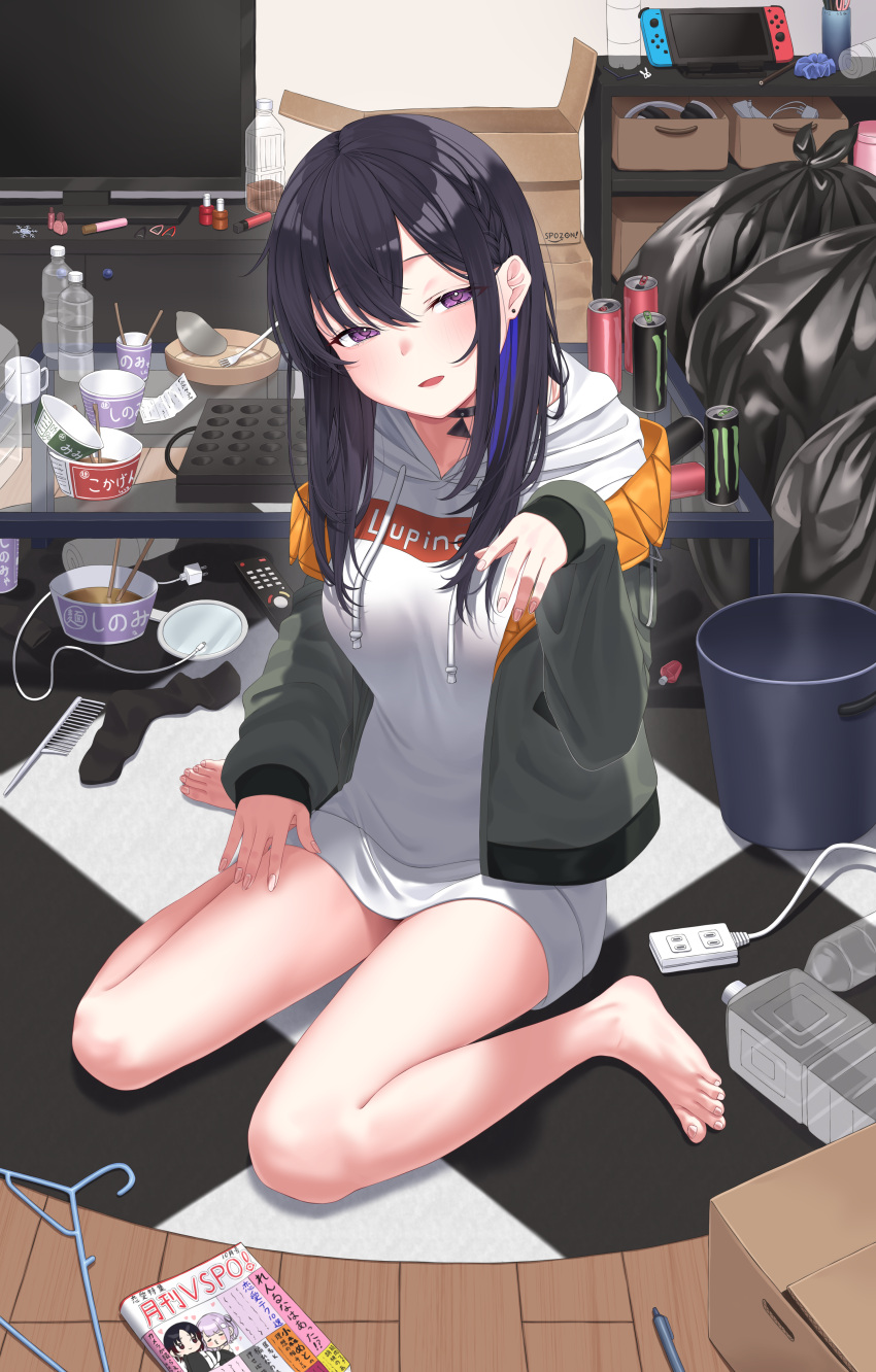 absurdres barefoot black_hair blue_hair bottle box breasts can cardboard_box choker clothes_hanger clothes_writing coffee_table controller drawstring energy_drink female food glass_table green_jacket hair_between_eyes half-closed_eyes head_tilt highres hood hoodie ichinose_uruha ichinose_uruha_(2nd_costume) indoors instant_ramen jacket kiaoekakishitai long_hair long_hoodie long_sleeves looking_at_viewer lupinus_virtual_games makeup medium_breasts messy monster_energy multicolored_hair nintendo_switch open_clothes open_jacket open_mouth pen purple_eyes remote_control sitting solo streaked_hair table thighs trash_bag trash_can unworn_socks virtual_youtuber vspo! wariza white_hoodie