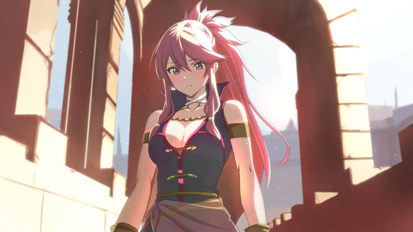 ahonoko arch armlet bandaged_neck bandages bare_shoulders black_shirt blush breasts brown_gloves cleavage closed_mouth collared_shirt female fire_emblem fire_emblem:_the_sacred_stones from_below gloves gold_armlet hair_between_eyes half_updo highres jewelry large_breasts long_hair low-tied_long_hair marisa_(fire_emblem) outdoors pink_hair purple_eyes sarong shirt sidelocks sleeveless sleeveless_shirt