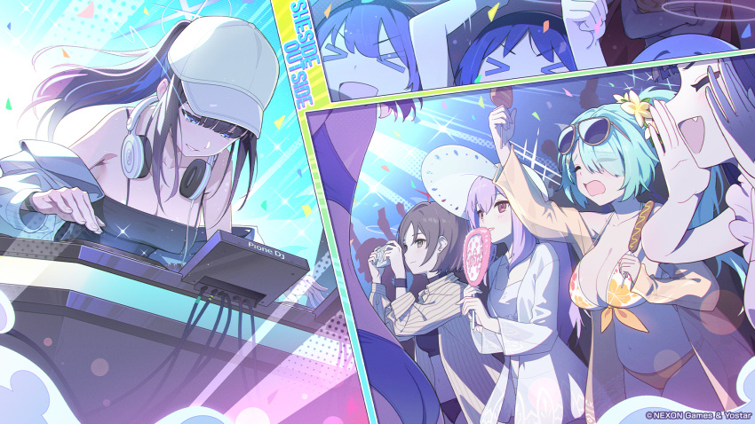 6+girls aqua_hair atsuko_(blue_archive) atsuko_(swimsuit)_(blue_archive) bare_shoulders baseball_cap bikini black_bikini black_tank_top blue_archive blue_hair breasts cleavage closed_eyes commentary_request concert corn_dog dj eyewear_on_head floral_print flower hair_flower hair_ornament halo hat headphones headphones_around_neck highres hiyori_(blue_archive) hiyori_(swimsuit)_(blue_archive) large_breasts long_hair misaki_(blue_archive) misaki_(swimsuit)_(blue_archive) mixing_console multiple_girls multiple_views official_alternate_costume official_art orange_bikini ponytail print_bikini purple_hair rave_party red_eyes saori_(blue_archive) saori_(swimsuit)_(blue_archive) sapysha short_hair spaghetti_strap striped_clothes sun_hat swimsuit tank_top turntable white_bikini white_hat