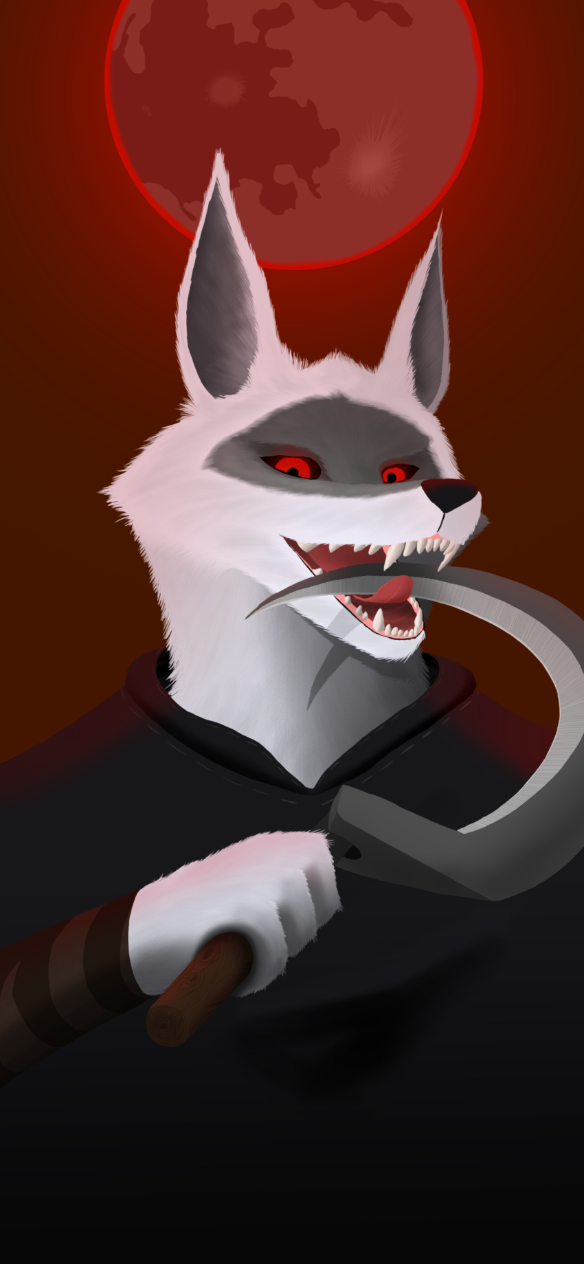 absurd_res anthro arct1c black_poncho blood_moon canid canine canis death_(puss_in_boots) dreamworks fur glowing glowing_eyes grey_body grey_fur grey_head hi_res licking_weapon male mammal melee_weapon puss_in_boots_(franchise) red_eyes simple_background solo weapon white_body white_fur white_hands white_head wolf