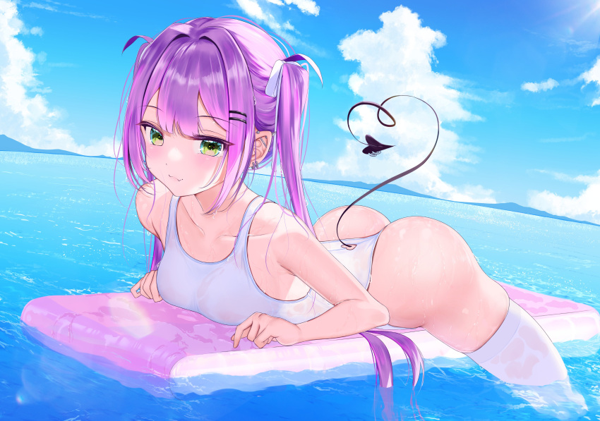 absurdres alternate_costume bare_shoulders black_tail blue_sky breasts collarbone demon_girl demon_tail earrings female green_eyes highres hololive jewelry lying medium_breasts ocean on_stomach one-piece_swimsuit partially_submerged purple_hair red_o7 sky solo sunlight swimsuit tail tokoyami_towa virtual_youtuber white_one-piece_swimsuit