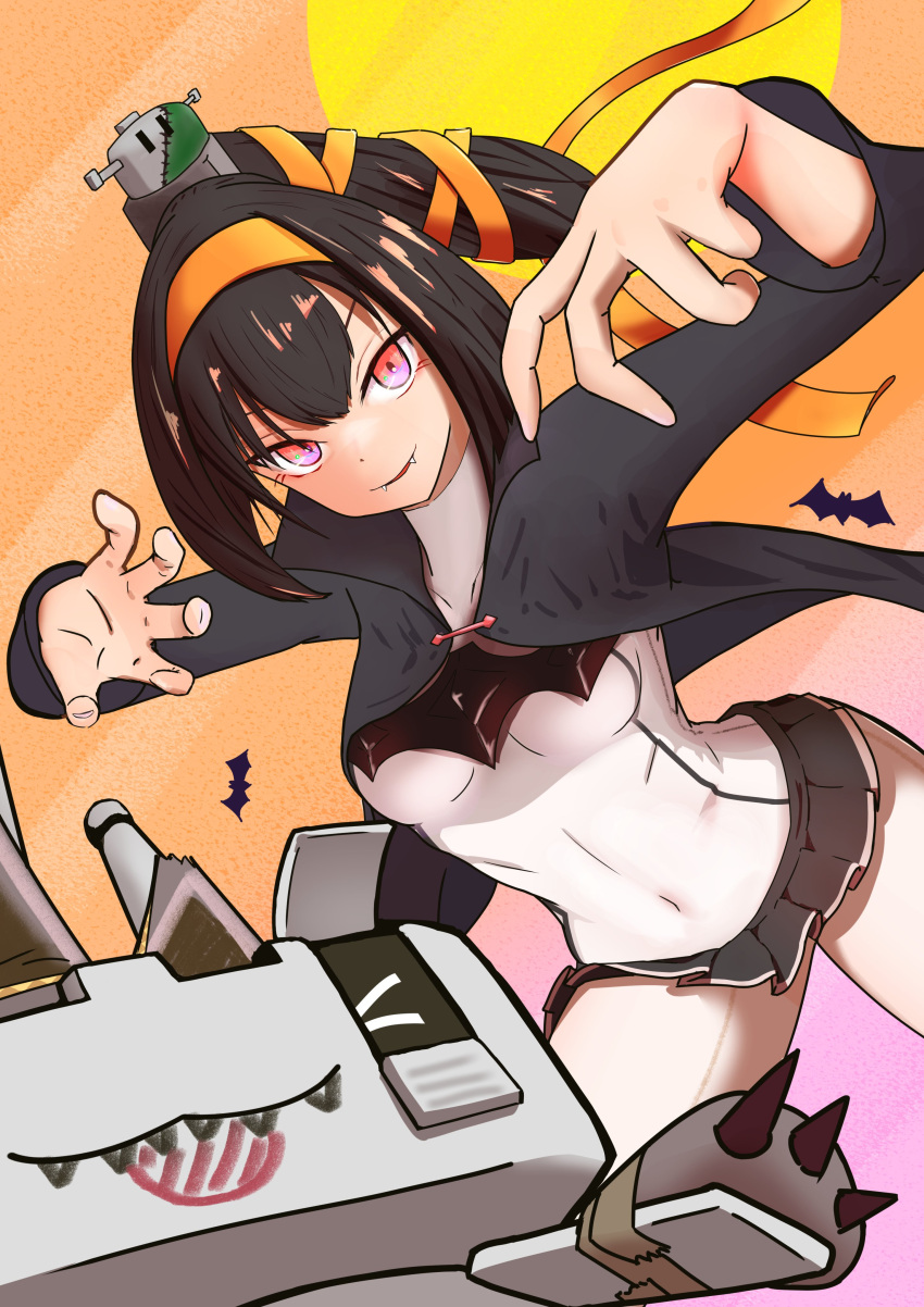 absurdres akizuki_(kancolle) alternate_costume black_hair black_shirt black_skirt chou-10cm-hou-chan cowboy_shot curled_fingers female halloween_costume highres kantai_collection long_hair mini_person minigirl orange_background ponytail red_eyes shirt skirt tastas vampire_costume white_shirt